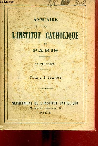 Annuaire de l'Institut Catholique de Paris 1928-1929.
