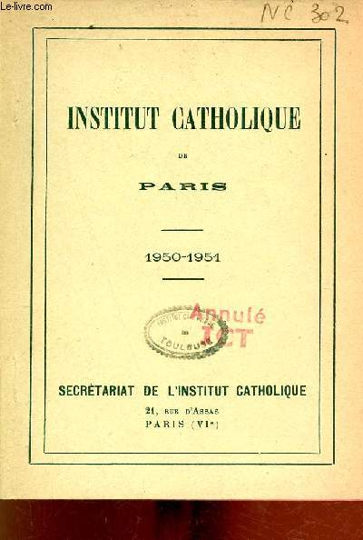 Annuaire de l'Institut Catholique de Paris 1950-1951.