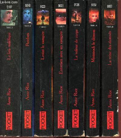 Lot de 7 livres de poches de Anne Rice contenant les titres : Le voleur de corps - Memnoch le dmon - La reine des damns - Entretien avec un vampire - Lestat le vampire - Pandora - Le lien malfique - Collection Terreur.