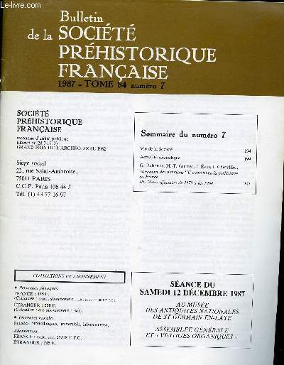 Bulletin de la Socit Prhistorique Franaise 1987 tome 84 n7 - Sommaire des datations 14c concernant la prhistoire en France III. Dates effectues de 1979  fin 1984 .