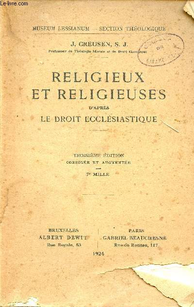Religieux et religieuses d'aprs le droit ecclsiastique - 3e dition corrige et augmente - Museum Lessianum secion thologique.