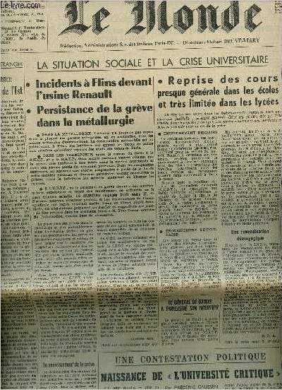 Le Monde n7278 25e anne samedi 8 juin 1968 - Incidents  Flins devant l'usine Renault - Robert Kennedy sera inhum samedi aux cots de son frre - naissance de l'universit critique - l'effervescence des tudiants de l'est etc.
