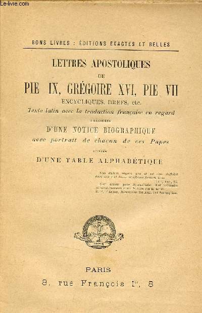 Lettres apostoliques de Pie IX, Grgoire XVI, Pie VII encycliques brefs et c.