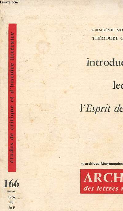 Introduction  une lecture de l'Esprit des lois - Archives des lettres modernes 1976 (8) VI n166 - Archives Montesquieu n7.