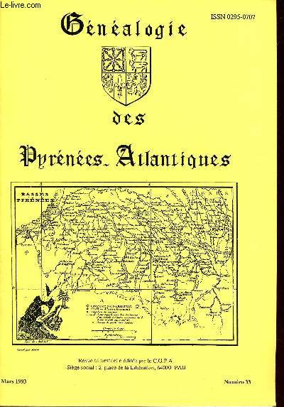 Gnalogie des Pyrnes-Atlantiques n33 mars 1993 - Sur les chemins de Compostelle - liste Laulh-Artigolle - au hasard de l'tat civil des Pyrnes Atlantiques (suite) - quelques maisons  Bardos - liste Delcroix-Payen etc.