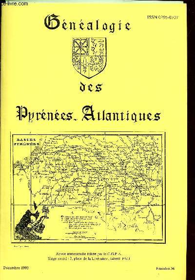 Gnalogie des Pyrnes-Atlantiques n36 dcembre 1993 - Le comt de Foix au XVIe sicle - liste Bascans - au hasard de l'tat civil des Pyrnes Atlantiques (suite) - liste Escot - la connaissance technique et sa communication au Moyen ge le carnet etc.