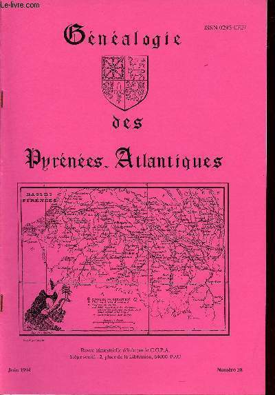 Gnalogie des Pyrnes-Atlantiques n38 juin 1994 - L'art de la table  la fin du moyen ge - tarifs appliqus en 1793 - Terrier d'Arance en 1764 archives communales - liste Ducout - voyage dans les Pyrnes en 1849 - liste Martin etc.