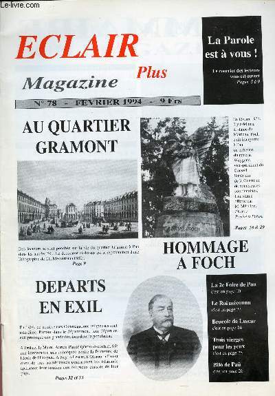 Eclair Plus Magazine n78 fvrier 1994 - A pau sur le Boulevard des Pyrnes 2e foire des portiques - 920 ans pour la Foire de Morlaas debuts avec les feux ? - histoire et vie de Lestelle Btharram du calvaire aux grottes - histoire et vie de Navarrenx..