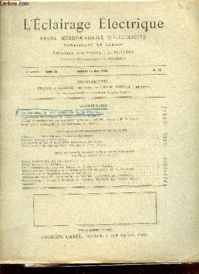 L'clairage lectrique n19 2e anne tome 3 samedi 11 mai 1895 - Sur une classe de piles secondaires - applications mcaniques de l'lectricit - calcul et construction des machines dynamos  courant continu - distribution  contrepoids etc.