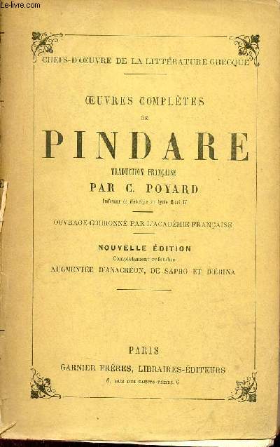 Oeuvres compltes de Pindare - Collection Chefs d'oeuvre de la littrature grecque.