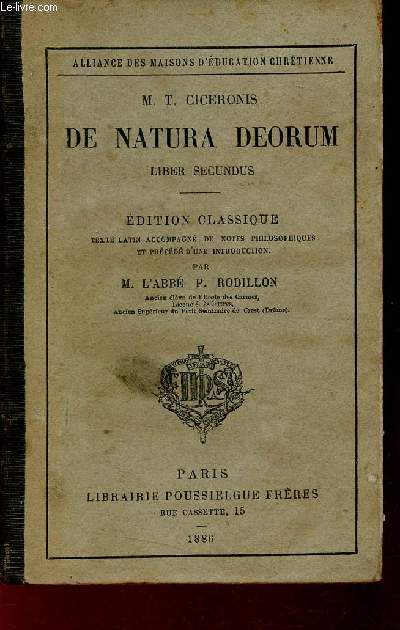 De natura deorum liber secundus - Collection Alliance des maisons d'ducation chrtienne.