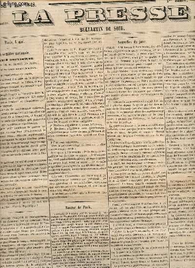 La presse bulletin du soir n1 1re anne jeudi 4 mai 1848 - Assemble nationale sance d'ouverture discours de M.Dupont (de l'Eure) prsident du gouvernement provisoire - bourse de Paris - nouvelles du jour - assemble nationale sance d'ouverture etc.