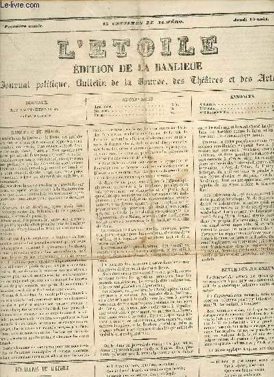 L'toile dition de la banlieue premire anne jeudi 19 aot - Banlieue de Paris - revue des journaux - parfums - canal de la marne au rhin - nouvelles du jour - petit journal de la littrature des thatres et des arts opra comique etc.