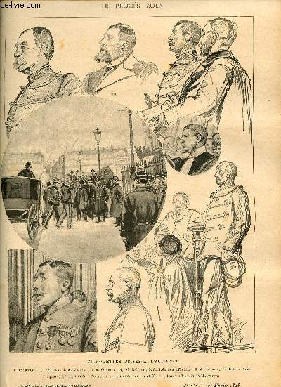 Supplment aux annales politiques et littraires n766 27 fvrier 1898 - Le procs Zola silhouettes prises  l'audience (le gnral de Pellieux, M.Jaurs,M.Gribelin,M.Leblois,arrive des officiers, M.Labori, M.le colonel Picquart, M.le gnral Gonse etc.