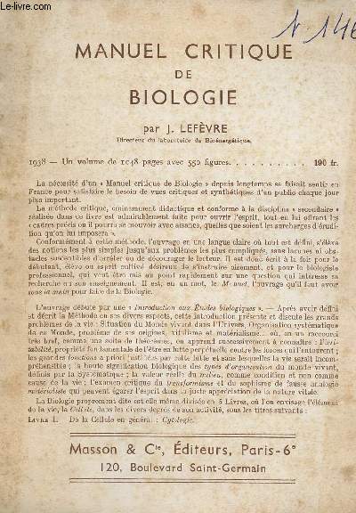 Catalogue Masson & Cie - Manuel critique de biologie.