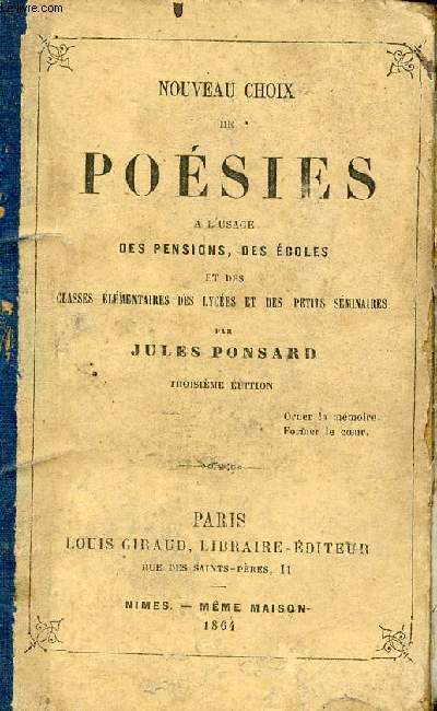 Nouveau choix de posies  l'usage des pensions, des coles et des classes lmentaires des lyces et des petits sminaires - 3e dition.