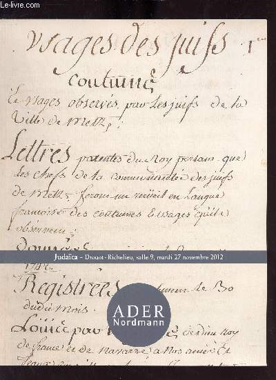 Catalogue de ventes aux enchères - Judaïca Collection Marc Gordon - Mardi 27 novembre 2012 - Drouot Richelieu.