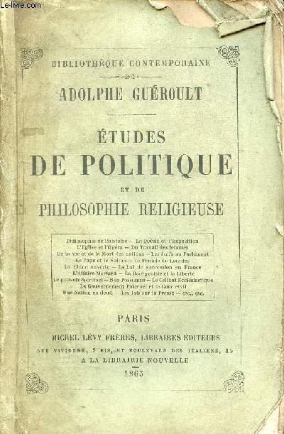 Etudes de politique et de philosophie religieuse - Collection Bibliothque Contemporaine.