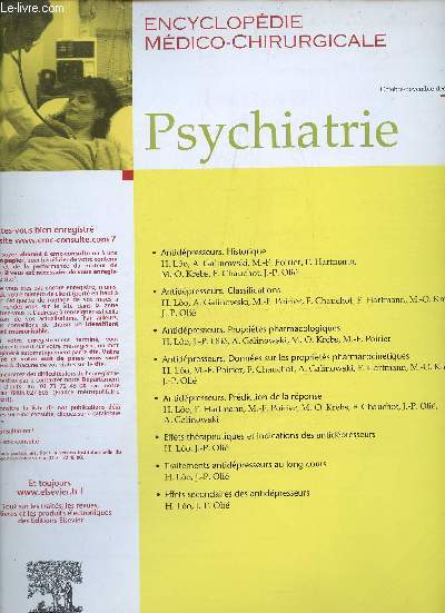 Encyclopdie mdico-chirurgicale - Psychiatrie n120 oct.nov.dc 2004 - Antidpresseurs historique - antidpresseurs classifications - antidpresseurs proprits pharmacologiques - antidpresseurs donnes sur les proprits pharmacocintiques etc.