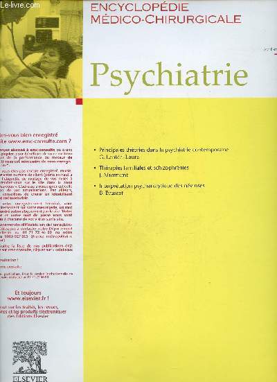 Encyclopdie mdico-chirurgicale - Psychiatrie n118 avril mai juin 2004 - Principales thories dans la psychiatrie contemporaine G.Lantri-Laura - Thrapies familiales et schizophrnies J.Miermont - Interprtation psychanalytique des nvroses B.Brusset.