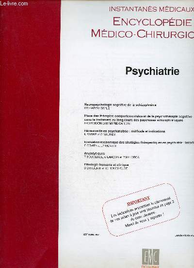 Encyclopdie mdico-chirurgicale - Psychiatrie n89 janv.fv.mars 1997 - Neuropsychologie cognitive de la schizophrnie MC.Hardy-Bayl - Place des thrapies comportementales et de la psychothrapie cognitive dans le traitement au long cours des psychoses
