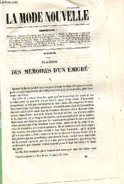 La Mode Nouvelle 21 juillet 1856 - Mmoires d'un migr par le Vicomte J.Walsh - l'almanach royal de 1792 par M.de B.de Vieux-Dampierre - mademoiselle de Maurieux par madame la Comtesse Dash - nouvelle russe une leon d'honneur par Eugne de Lonlay etc.