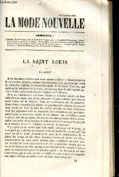 La Mode Nouvelle 1er septembre 1856 - La saint Louis par Barbat de Bignicourt - distribution des prix par M.A.Escande - faut-il que jeunesse se passe ? par Frdric Bchard - l'esprit court les rues par Jules Roussy - causerie par Henry de Pne etc.