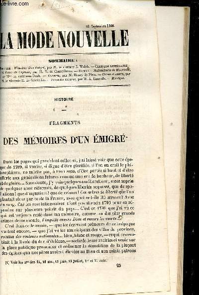 La Mode Nouvelle 21 septembre 1856 - Mmoires d'un migr par M.le vicomte J.Walsh - M.Victor de Laprade par M.R.de Chantelauze - Mademoiselle de Maurieux par Mme la Comtesse Dash - causerie par Henry de Pne - choses et autres etc.