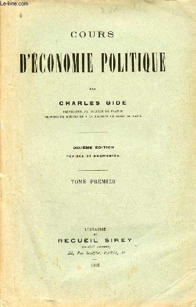 Cours d'conomie politique - Tome premier - 10e dition rvise et augmente.