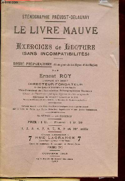 Le livre mauve - Exercices de lecture (sans incompatibilits) - Degr prparatoire - Stnographie Prvost-Delaunay.