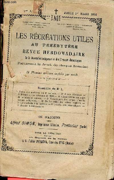 Les rcrations utiles au presbytre n1 4e anne jeudi 1er mars 1883 - Vocabulaire des termes d'architecture religieuse - de la taille des arbres fruitiers - le mdecin  la maison - les toiles lumire des toiles leur prodigieux loignement.