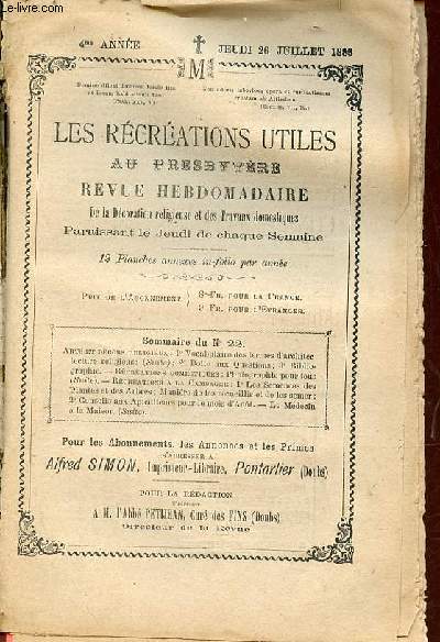 Les rcrations utiles au presbytre n22 4me anne jeudi 26 juillet 1883 - Vocabulaire des termes d'architecture religieuse - bibliographie qui est-elle ? - photographie pour tous (suite) virages - semences des plantes et des arbres manire etc.