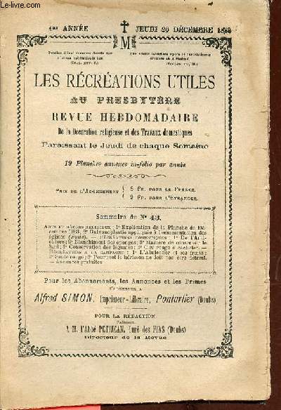 Les rcrations utiles au presbytre n43 4me anne jeudi 20 dc. 1883 - Modle pour une crmonie d'adoration perptuelle - galvanoplastie applique  l'ornementation des glises (suite procd pour l'appareil compos - de l'antichlore etc.