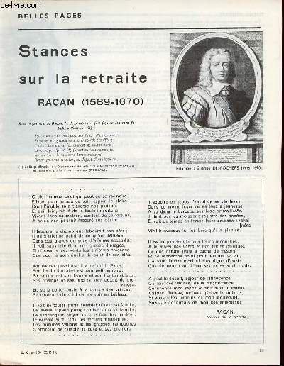 Stances sur la retraite Racan (1589-1670) - Belles pages documents pour la classe n159 22-10-64.