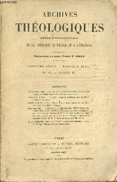 Archives thologiques revue encyclopdique de la thologie en France et  l'tranger - 7e anne nouvelle srie n10 tome 2.