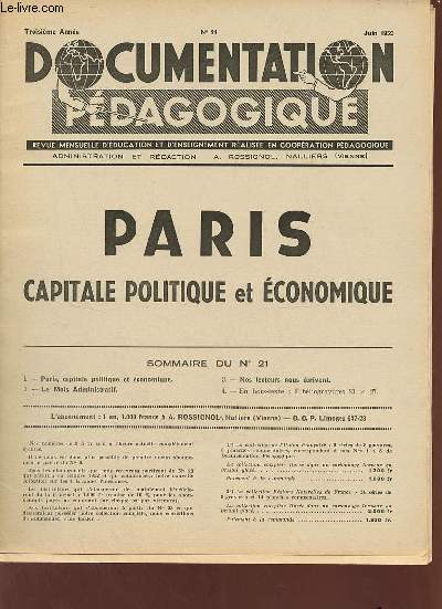 Documentation pdagogique n21 3e anne juin 1952 - Paris capitale politique et conomique.