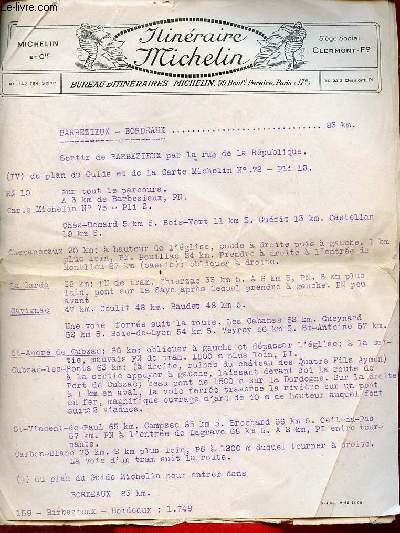 7 feuillets itinraires Michelin - Barbezieux-Bordeaux - Bordeaux-Barbezieux - Barbezieux-Angouleme - Angouleme-Ruffec - Ruffec-Poitiers - Confolens-Angouleme- Angouleme-Barbezieux.