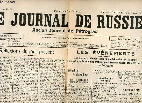 Le journal de Russie ancien journal de Ptrograd n23 diimanche 29 octobre 1917 - Rflexions du jour prsent - les dcrets bolchvistes la socialisation de la terre Krensly  la tte des troupes gouvernementales est aux portes de Ptrograd
