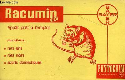 Buvard : Racumin 57 appât prêt à l'emploi pour détruire rats gris rats noirs souris domestiques phytochim Bayer.