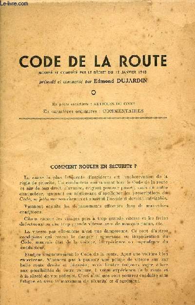 Code de la route modifi et complt par le dcret du 12 janvier 1948 - Incomplet.