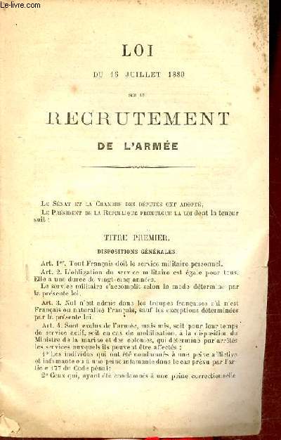 Loi du 15 juillet 1889 sur le recrutement de l'arme.