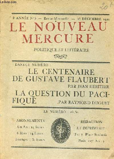 Le nouveau mercure politique et littéraire n°5 8e année 15 décembre 1921 - Le nouveau mercure, ses origines, son but la question du Pacifique par Raymond Duguet - le bolchevisme en France ses auxiliaires par E.Saint-Maurice etc.