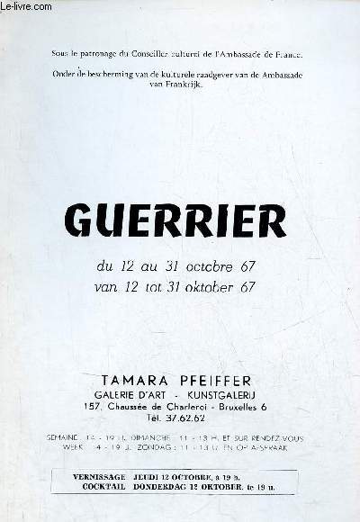Plaquette d'exposition : Guerrier du 12 au 31 octobre 1967 - Tamara Pfeiffer galerie d'art.