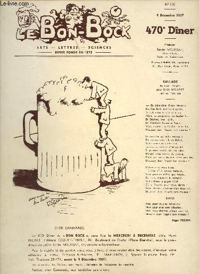 Un programme du 470e diner du Bon Bock de 1937.