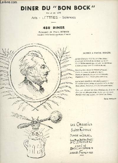 Un programme du 488e diner du Bon Bock de 1955 prsidence de Pascal Bonetti.