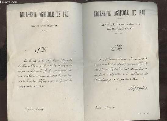 Document de la Boucherie agricole de Paul du 1er mai 1890.