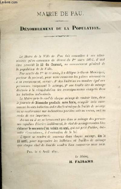 Lettre du Maire de Pau H.Faisans du 6 avril 1891 : Dnombrement de la population - lettre imprime non signe.