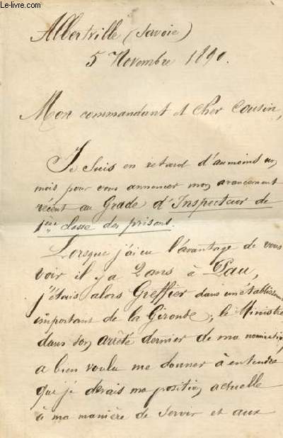 Une lettre manuscrite signe de J.Mouillet inspecteur de l'administration pnitentiaire de Albertville (Savoie) dat de 1890.
