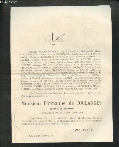 Un faire part de dcs de Monsieur Emmanuel de Coulanges coloen en retraite commandeur de la lgion d'honneur dat de 1890 destin  Monsieur le Commandant Laslandes.