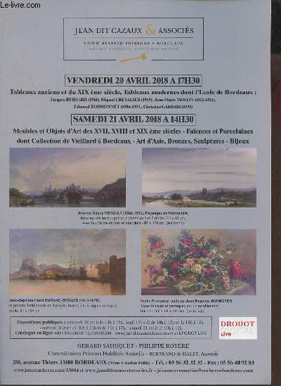 Plaquette dpliante de ventes aux enchres - Tableaux anciens et du XIXe s. tableaux modernes dont l'cole de Bordeaux etc - 20 et 21 avril 2018  Bordeaux.